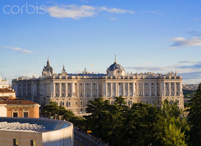 View from Plaza de Espana, on the left corner is visible Senato Palace, Madrid Royal Palace